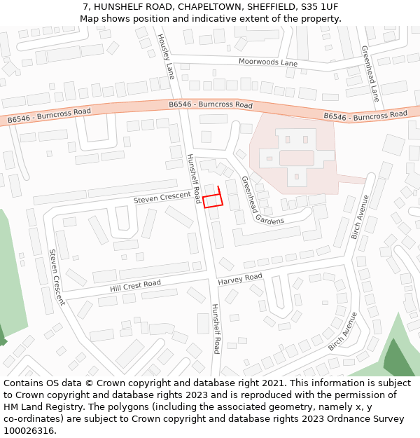 7, HUNSHELF ROAD, CHAPELTOWN, SHEFFIELD, S35 1UF: Location map and indicative extent of plot