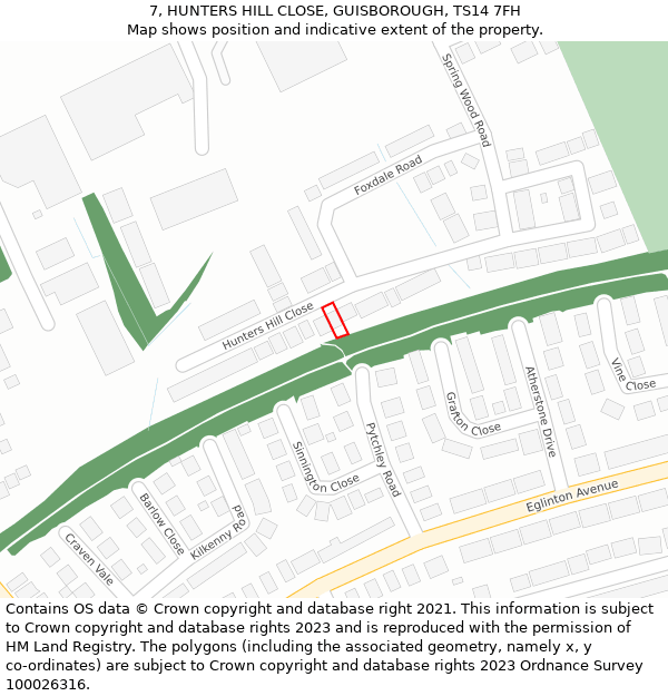 7, HUNTERS HILL CLOSE, GUISBOROUGH, TS14 7FH: Location map and indicative extent of plot