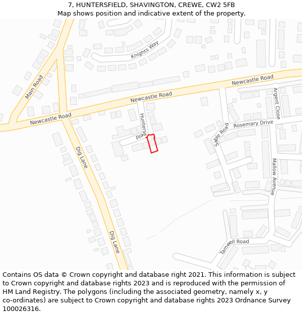 7, HUNTERSFIELD, SHAVINGTON, CREWE, CW2 5FB: Location map and indicative extent of plot