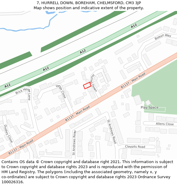 7, HURRELL DOWN, BOREHAM, CHELMSFORD, CM3 3JP: Location map and indicative extent of plot