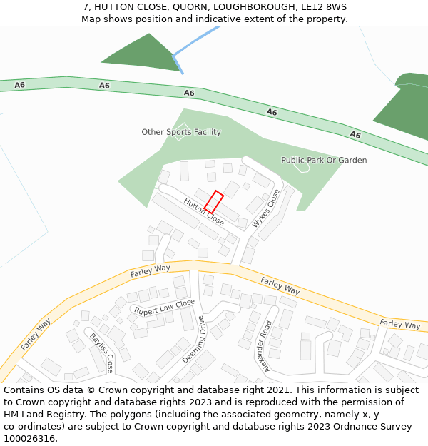 7, HUTTON CLOSE, QUORN, LOUGHBOROUGH, LE12 8WS: Location map and indicative extent of plot