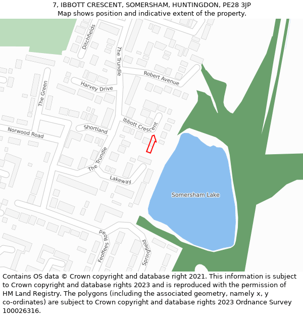 7, IBBOTT CRESCENT, SOMERSHAM, HUNTINGDON, PE28 3JP: Location map and indicative extent of plot