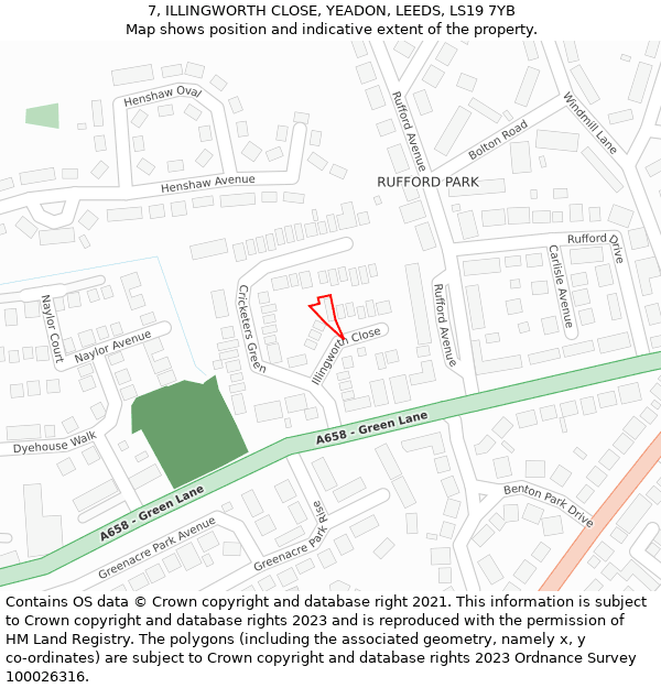 7, ILLINGWORTH CLOSE, YEADON, LEEDS, LS19 7YB: Location map and indicative extent of plot