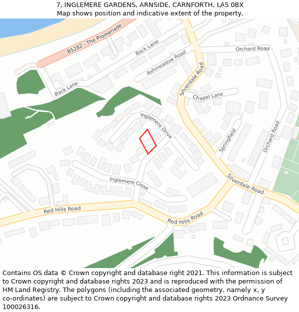 7, INGLEMERE GARDENS, ARNSIDE, CARNFORTH, LA5 0BX: Location map and indicative extent of plot