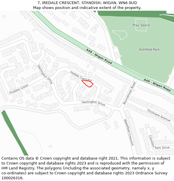 7, IREDALE CRESCENT, STANDISH, WIGAN, WN6 0UD: Location map and indicative extent of plot