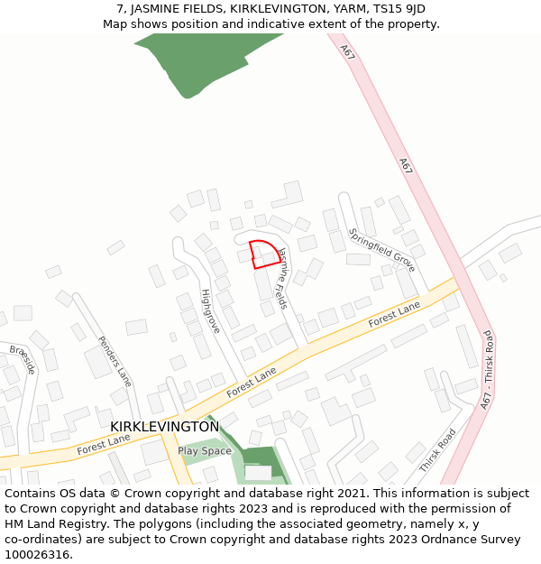 7, JASMINE FIELDS, KIRKLEVINGTON, YARM, TS15 9JD: Location map and indicative extent of plot