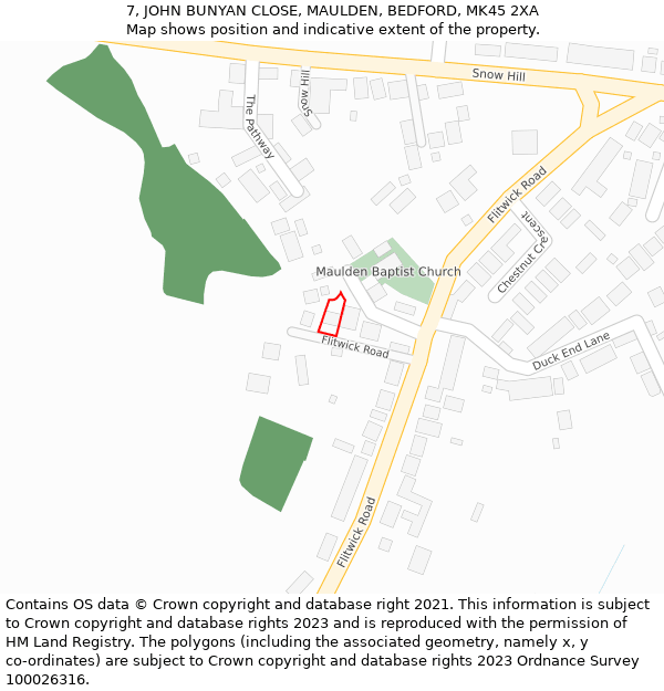 7, JOHN BUNYAN CLOSE, MAULDEN, BEDFORD, MK45 2XA: Location map and indicative extent of plot