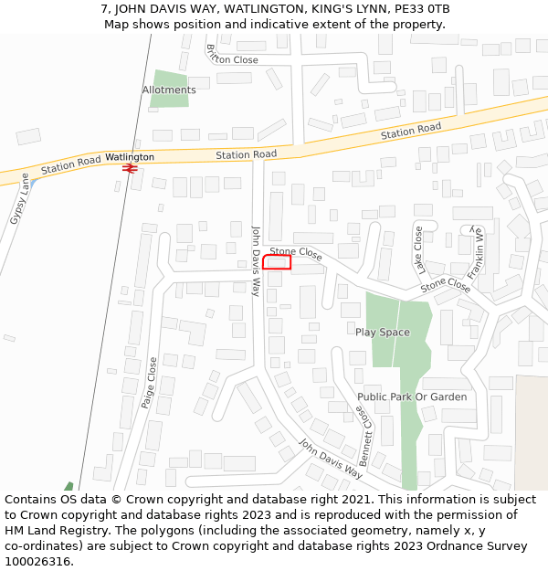 7, JOHN DAVIS WAY, WATLINGTON, KING'S LYNN, PE33 0TB: Location map and indicative extent of plot