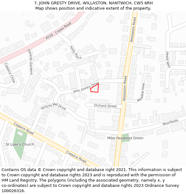 7, JOHN GRESTY DRIVE, WILLASTON, NANTWICH, CW5 6RH: Location map and indicative extent of plot