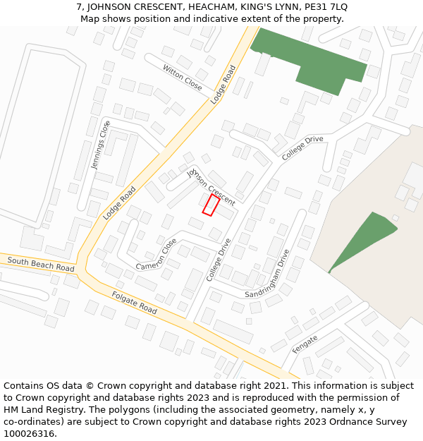 7, JOHNSON CRESCENT, HEACHAM, KING'S LYNN, PE31 7LQ: Location map and indicative extent of plot