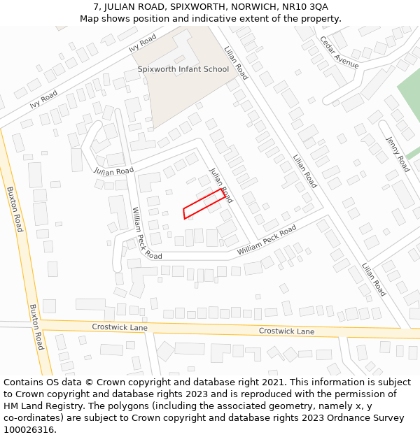 7, JULIAN ROAD, SPIXWORTH, NORWICH, NR10 3QA: Location map and indicative extent of plot