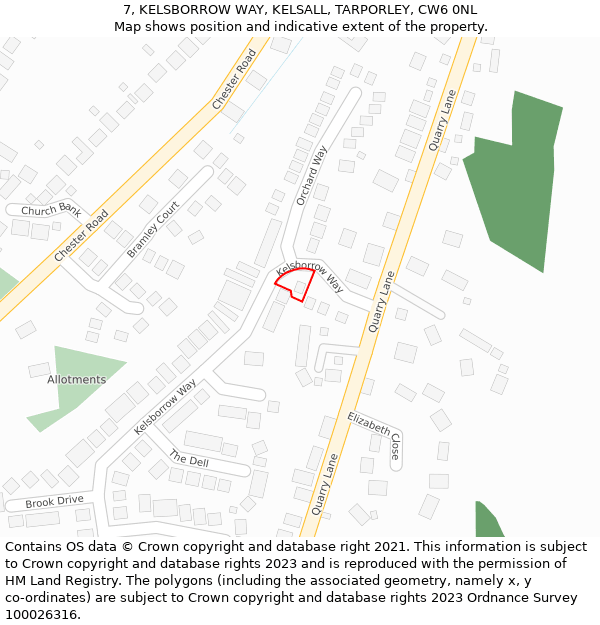 7, KELSBORROW WAY, KELSALL, TARPORLEY, CW6 0NL: Location map and indicative extent of plot