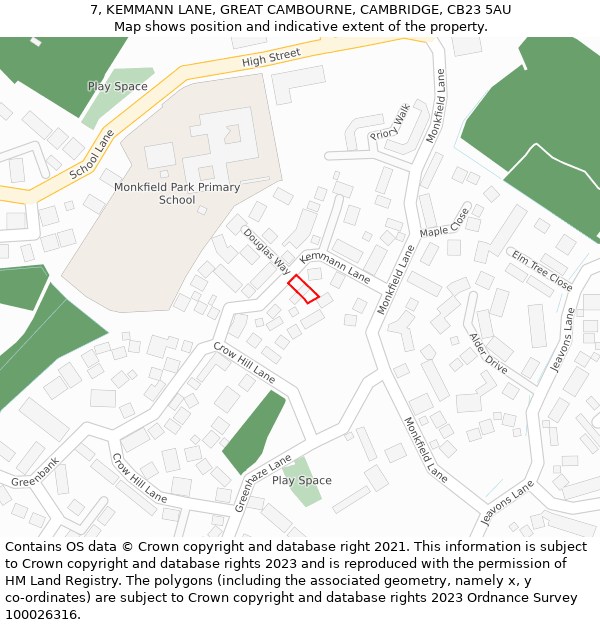 7, KEMMANN LANE, GREAT CAMBOURNE, CAMBRIDGE, CB23 5AU: Location map and indicative extent of plot