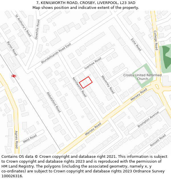 7, KENILWORTH ROAD, CROSBY, LIVERPOOL, L23 3AD: Location map and indicative extent of plot