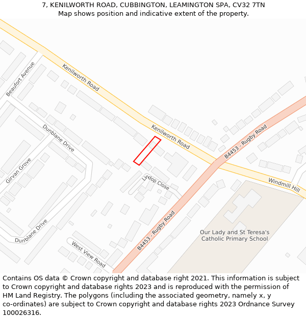 7, KENILWORTH ROAD, CUBBINGTON, LEAMINGTON SPA, CV32 7TN: Location map and indicative extent of plot