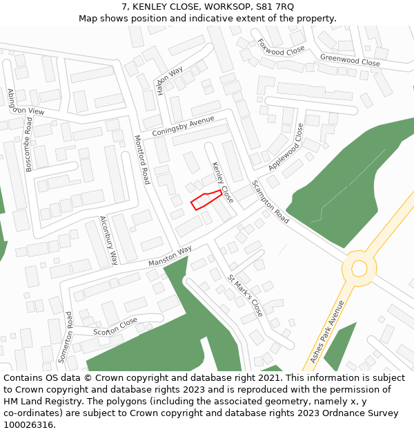 7, KENLEY CLOSE, WORKSOP, S81 7RQ: Location map and indicative extent of plot