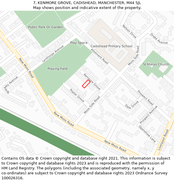 7, KENMORE GROVE, CADISHEAD, MANCHESTER, M44 5JL: Location map and indicative extent of plot