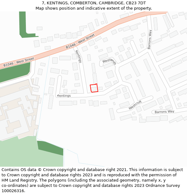 7, KENTINGS, COMBERTON, CAMBRIDGE, CB23 7DT: Location map and indicative extent of plot