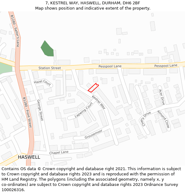 7, KESTREL WAY, HASWELL, DURHAM, DH6 2BF: Location map and indicative extent of plot