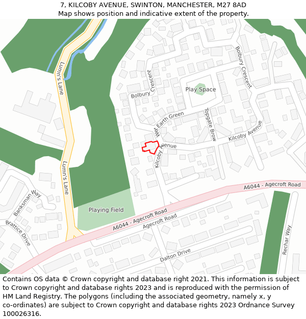 7, KILCOBY AVENUE, SWINTON, MANCHESTER, M27 8AD: Location map and indicative extent of plot