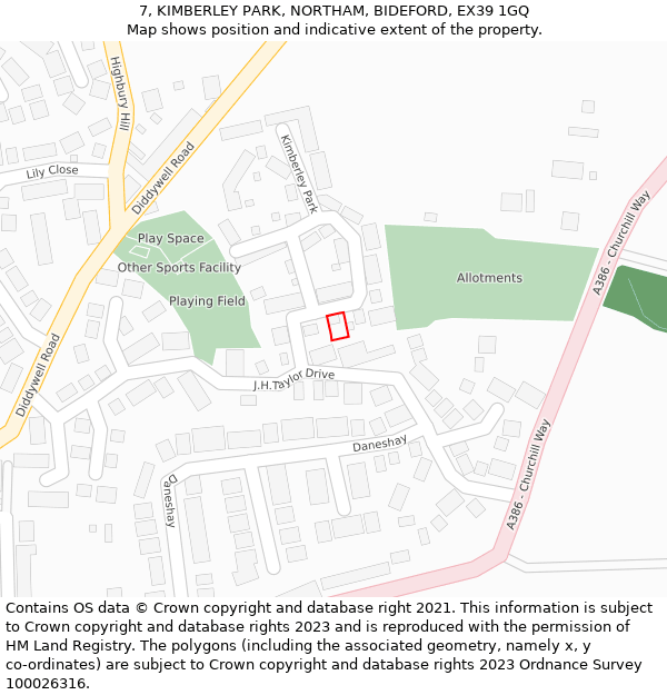 7, KIMBERLEY PARK, NORTHAM, BIDEFORD, EX39 1GQ: Location map and indicative extent of plot