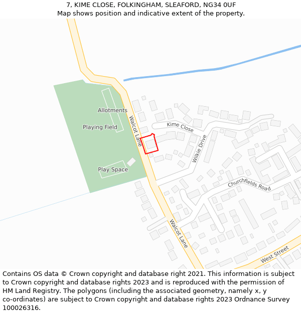 7, KIME CLOSE, FOLKINGHAM, SLEAFORD, NG34 0UF: Location map and indicative extent of plot