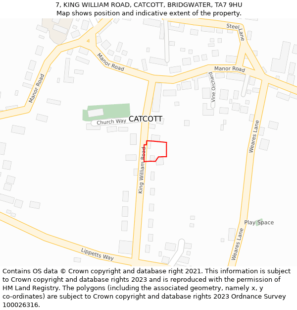 7, KING WILLIAM ROAD, CATCOTT, BRIDGWATER, TA7 9HU: Location map and indicative extent of plot