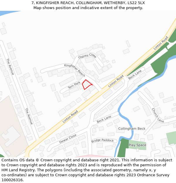 7, KINGFISHER REACH, COLLINGHAM, WETHERBY, LS22 5LX: Location map and indicative extent of plot