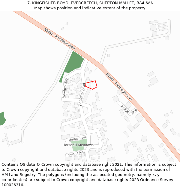 7, KINGFISHER ROAD, EVERCREECH, SHEPTON MALLET, BA4 6AN: Location map and indicative extent of plot