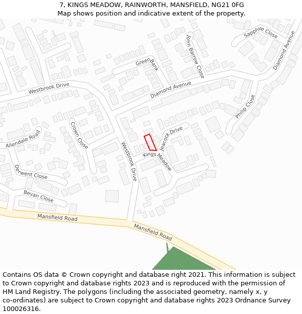 7, KINGS MEADOW, RAINWORTH, MANSFIELD, NG21 0FG: Location map and indicative extent of plot