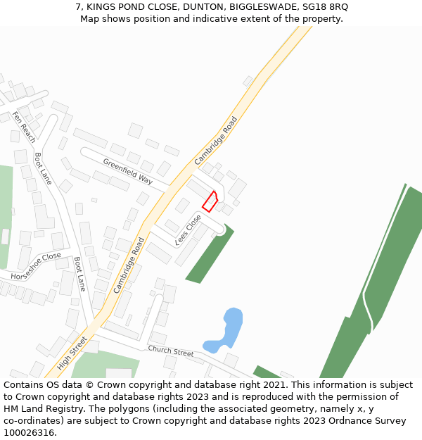 7, KINGS POND CLOSE, DUNTON, BIGGLESWADE, SG18 8RQ: Location map and indicative extent of plot