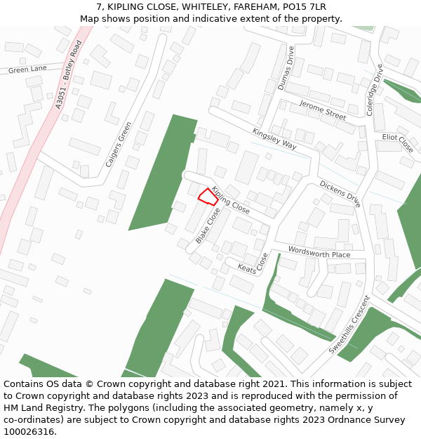 7, KIPLING CLOSE, WHITELEY, FAREHAM, PO15 7LR: Location map and indicative extent of plot