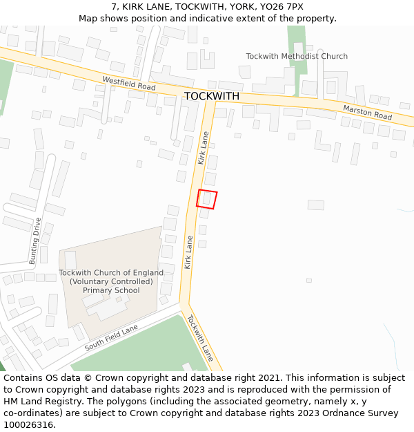 7, KIRK LANE, TOCKWITH, YORK, YO26 7PX: Location map and indicative extent of plot