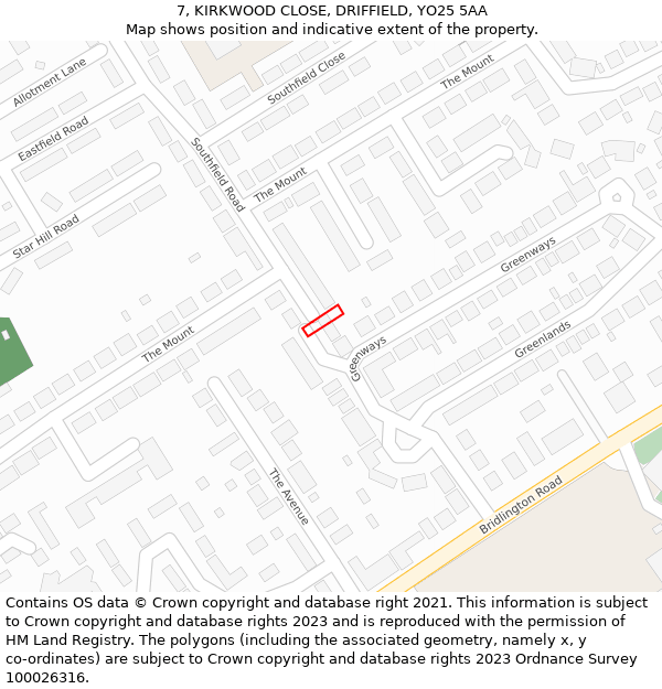 7, KIRKWOOD CLOSE, DRIFFIELD, YO25 5AA: Location map and indicative extent of plot