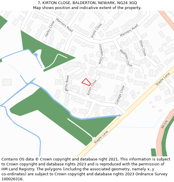 7, KIRTON CLOSE, BALDERTON, NEWARK, NG24 3GQ: Location map and indicative extent of plot