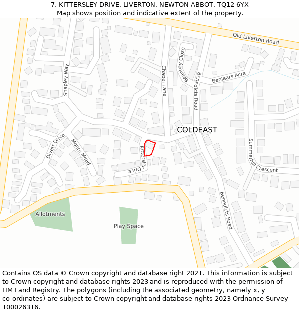 7, KITTERSLEY DRIVE, LIVERTON, NEWTON ABBOT, TQ12 6YX: Location map and indicative extent of plot