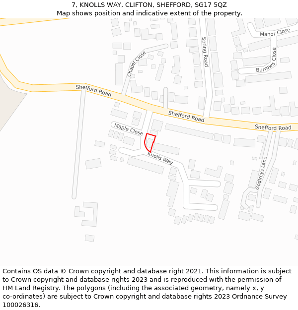 7, KNOLLS WAY, CLIFTON, SHEFFORD, SG17 5QZ: Location map and indicative extent of plot