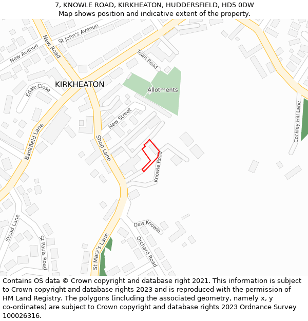 7, KNOWLE ROAD, KIRKHEATON, HUDDERSFIELD, HD5 0DW: Location map and indicative extent of plot