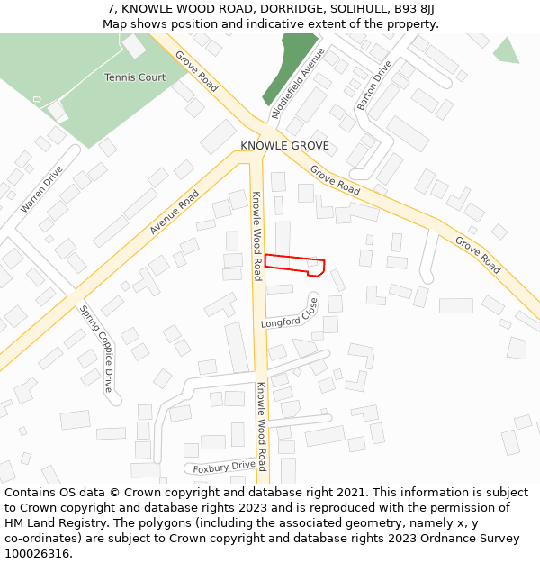 7, KNOWLE WOOD ROAD, DORRIDGE, SOLIHULL, B93 8JJ: Location map and indicative extent of plot