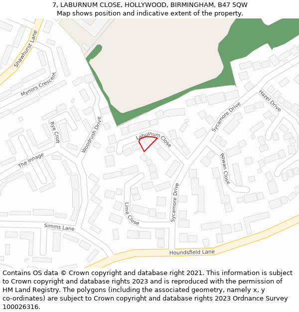 7, LABURNUM CLOSE, HOLLYWOOD, BIRMINGHAM, B47 5QW: Location map and indicative extent of plot