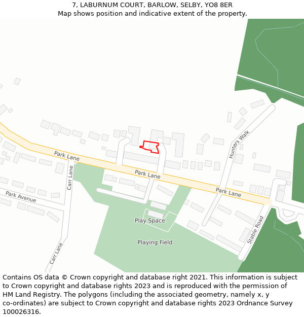7, LABURNUM COURT, BARLOW, SELBY, YO8 8ER: Location map and indicative extent of plot