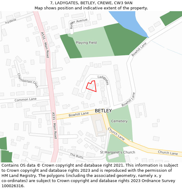 7, LADYGATES, BETLEY, CREWE, CW3 9AN: Location map and indicative extent of plot