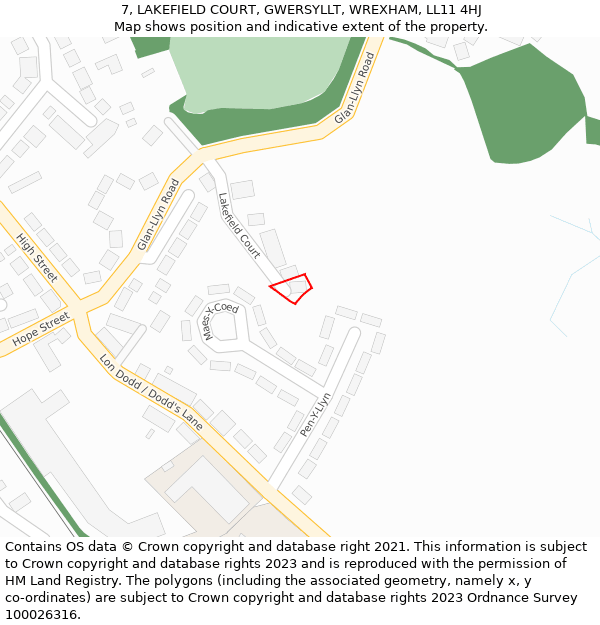 7, LAKEFIELD COURT, GWERSYLLT, WREXHAM, LL11 4HJ: Location map and indicative extent of plot