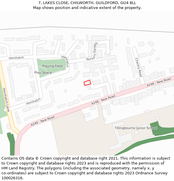 7, LAKES CLOSE, CHILWORTH, GUILDFORD, GU4 8LL: Location map and indicative extent of plot