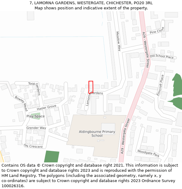 7, LAMORNA GARDENS, WESTERGATE, CHICHESTER, PO20 3RL: Location map and indicative extent of plot