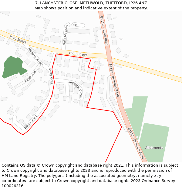 7, LANCASTER CLOSE, METHWOLD, THETFORD, IP26 4NZ: Location map and indicative extent of plot