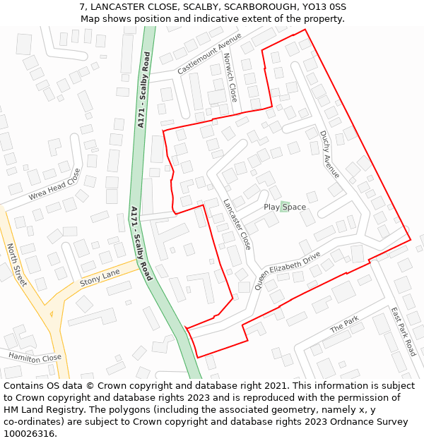 7, LANCASTER CLOSE, SCALBY, SCARBOROUGH, YO13 0SS: Location map and indicative extent of plot