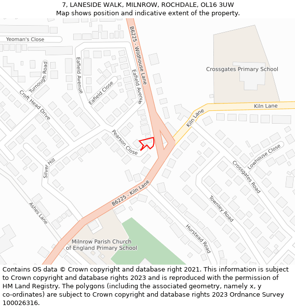 7, LANESIDE WALK, MILNROW, ROCHDALE, OL16 3UW: Location map and indicative extent of plot