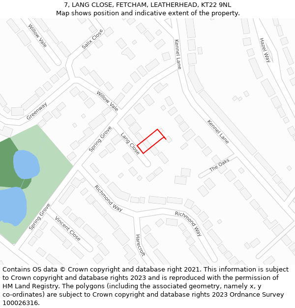 7, LANG CLOSE, FETCHAM, LEATHERHEAD, KT22 9NL: Location map and indicative extent of plot