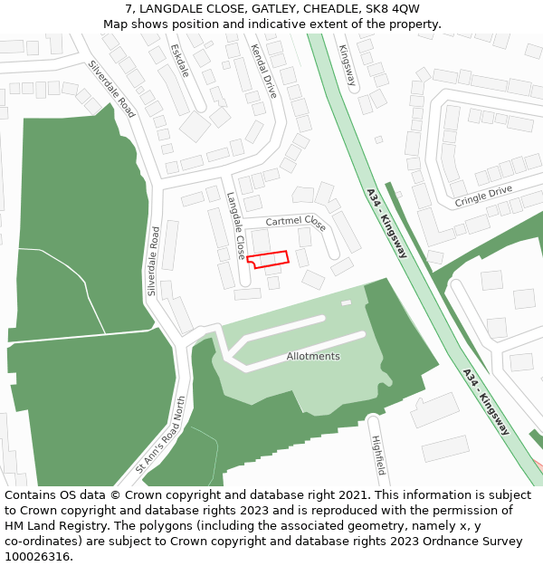 7, LANGDALE CLOSE, GATLEY, CHEADLE, SK8 4QW: Location map and indicative extent of plot